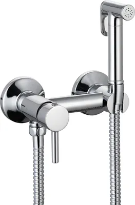 A chrome-finished bidet spray set mounted on a wall.