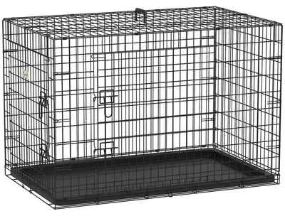 Obrázok produktu pre Skladacia psia klietka z ocele – prepravná klietka pre psov – 2 uzamykateľné dvere – horizontálne posuvné dvere – 106 x 71,5 x 76 cm – čierna