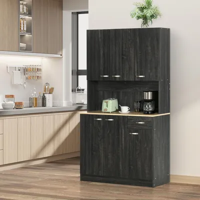 Produktbild von Küchenschrank Buffet Modern Schwarz aus Holzwerkstoff mit 6 Türen, 1 Schublade & Arbeitsplatte | Küchenbuffet Anrichte Highboard Vorratsschrank, 101x39x180cm