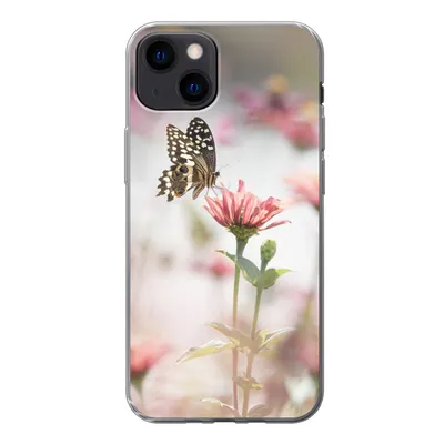 Produktbild von MuchoWow® Handyhülle Schutzhülle Hülle für iPhone 13 Schmetterling - Blume - Rosa Silikon Softcase Handy Hülle - Karteninhaber