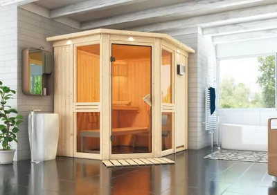 Produktbild von Karibu Sauna Innensauna Amelia 1 Eckeinstieg Ofen 9 KW externe Strg easy 196x170x198 cm ohne Dachkranz