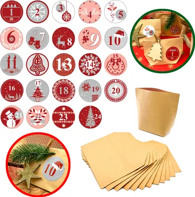 Produktbild von Oblique Unique DIY Adventskalender Set - 24 Tüten + 24 Zahlen Sticker Aufkleber für Weihnachten Advent