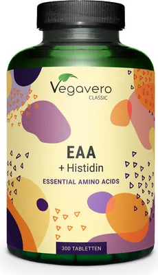 A product shot of a bottle of Vegavero EAA + Histidin supplements.