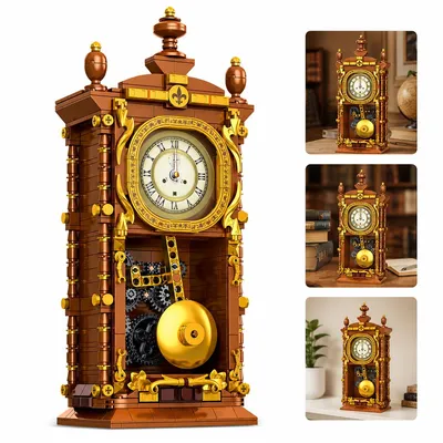 Produktbild von Klemmbaustein Uhr Bausatz mit 751 Teilen, mechanische Uhr zum Zusammenbauen mit Wecker und beweglichem Pendel, Steampunk Deko Modell für Erwachsene