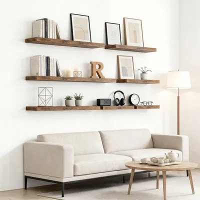 Image de Étagères murales en bois, 120 cm, lot de 2, avec supports invisibles, idéales pour la salle de bain et le salon