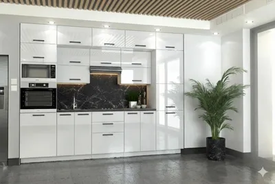 Produktbild von ULWEHOME | Küchenzeile 300 cm Weiß Hochglanz, Küchenmöbel-Set mit Backofen-Mikrowellenschrank, Vorratsschrank & geteilten Arbeitsplatten 120 cm