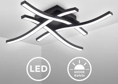 A modern black ceiling lamp with curved LED light elements is shown against a light gray and white background. Two circular icons with text are present at the bottom.