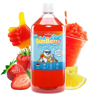 Produktbild von Belissia Slush Eis Sirup 1000ml Konzentrat | SunBerry Geschmack | sehr ergiebig in knalligen Farben (1:5) für bis zu 6 Liter | Glycerin frei
