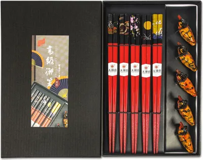 Produktbild von Yoaxia 5 Paar Essstäbchen + 5 Ablagen | Duckling Red | Stäbchen aus Holz | Geschenk Set