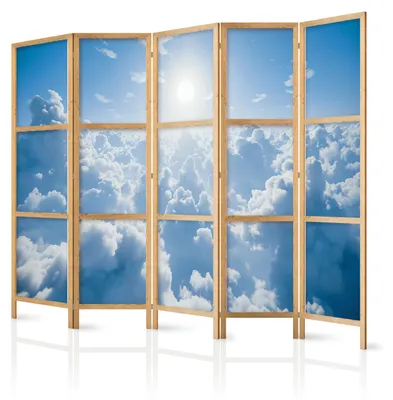 Immagine prodotto di Pannello divisorio giapponese, 5 ante, pieghevole, realizzato in tessuto non tessuto di alta qualità, motivo "nuvole e sole", ideale per la camera da letto, dimensioni 225 cm x 172 cm