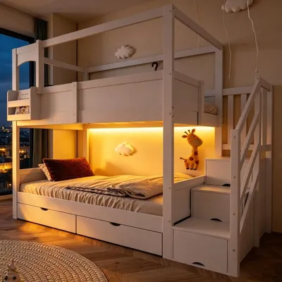Imagen del producto de Cama nido infantil de 90x200 cm de madera en blanco, tipo casita, con escalera de almacenamiento, estantes flexibles y 2 cajones