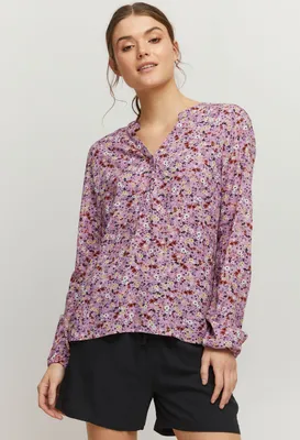 Produktbild von b.young BYMMJOELLA Damen Langarmshirt Langarmbluse Bluse mit V-Auschnitt mit Knopfleiste Allover-Print Regular Fit aus 100% Viskose LENZING(TM) ECOVERO(TM)