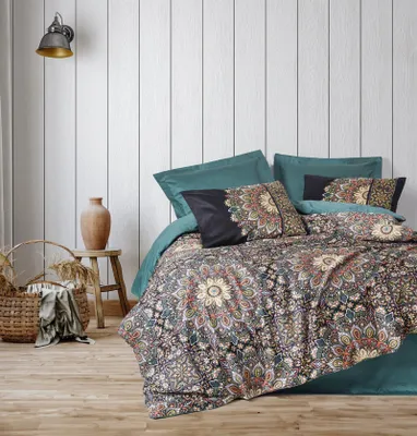 Produktbild von L'Essentiel Linge de Maison, Ornate - Petrol, Benzin, Satin-Single-XXL-Bettbezug-Set (DE), 100 % Baumwollsatin, 155 x 220 cm