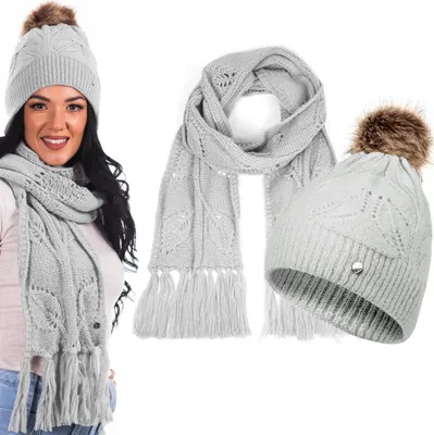 Produktbild von HEYO Damen Mütze Schal Set für Winter Kuschelig Warme Strickmütze Winterschal mit Fransen Grau
