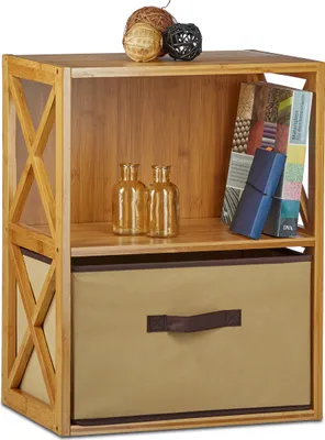 Produktbild von 2 x Regal Bambus mit Korb, 2 Ablagen, Holz Standregal, Badregal, Faltbox, HxBxT: 54 x 42 x 29 cm, natur braun
