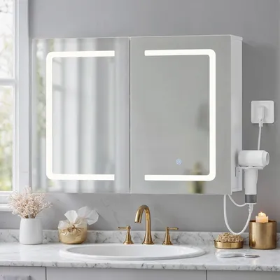 A bathroom vanity with a sink, faucet, and a lighted medicine cabinet above.