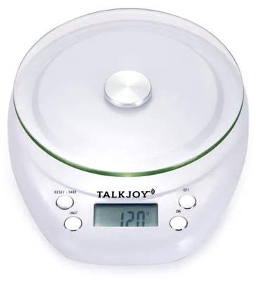 Obrázek produktu pro TalkJoy: Mluvící kuchyňská váha, digitální váha pro osoby se zrakovým postižením a seniory. Hlasově oznamuje váhu v gramech/mililitrech, má funkci tarování, měří až do 5 kg, barva bílá