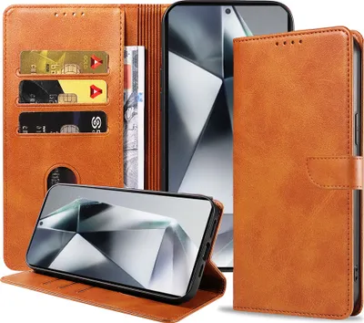 Zdjęcie produktu dla Etui na telefon Samsung Galaxy S24 Ultra ze sztucznej skóry z magnetyczną wargą i etui na karty z klapką - brązowe - Smartphonics