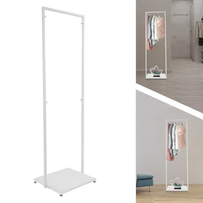 A white metal clothing rack on a white background.