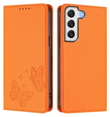 Produktbild von Lederhülle für Samsung Galaxy S22 5G, Schmetterling Prägung Leder Brieftasche Schutzhülle mit Ständer Orange