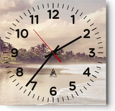Produktbild von Wanduhr - Quadrat - Glasuhr - Palmen Strand Wasser - 30x30cm - Schleichendes Uhrwerk - Lautlos - zum Aufhängen bereit - Dekoration Modern - Wanddekoration aus Glas - C4AC30x30-4917
