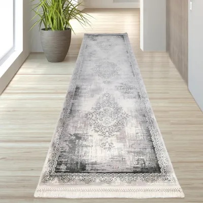 Produktbild von Wollteppich mit Verzierungen & Fransen in grau Größe - 80 x 300 cm