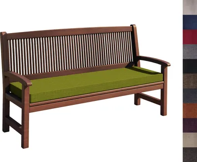 A wooden bench with a green cushion.