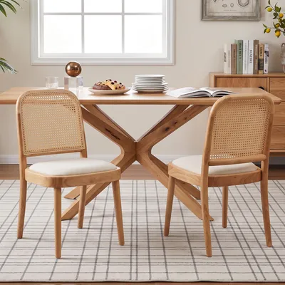 Produktbild von Flieks Esszimmerstühle 2er Set aus Massivholz mit Rattan-Rückenlehnen, Leinen, für Esszimmer, Wohnzimmer, Küchenstühle, Polsterstühle, Holzfarbe