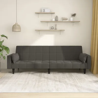 Produktbild von Design Schlafsofa 2-Sitzer mit 2 Kissen Dunkelgrau Samt, Schlafsofas 2024 Neu