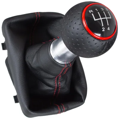 Immagine prodotto di Audi A3 I 8L 96-03 Pomello del cambio nero + manicotti del cambio neri con filo rosso, anello rosso, marcia indietro a 5 marce in alto