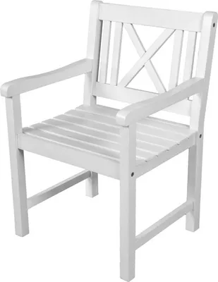 A white wooden armchair is shown against a white background.