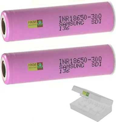 Two pink cylindrical batteries and a clear plastic battery case are shown against a white background.