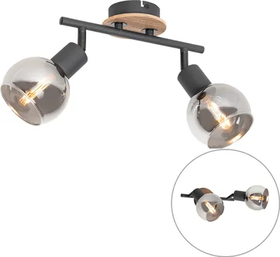 Zdjęcie produktu dla QAZQA – nowoczesna lampa sufitowa I lampa sufitowa I lampa I oprawa oświetleniowa czarna z dymionym szkłem i drewnem, 2-punktowa – Vidro I salon I sypialnia – podłużna – przystosowana do żarówek LED E14
