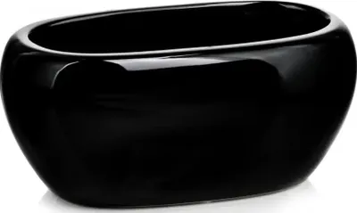A black oval ceramic planter is shown against a white background.
