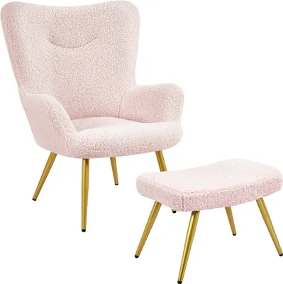 Produktbild von Yaheetech Ohrensessel Fernsehsessel mit Hocker Polyester-Bezug, Armlehnensessel Polstersessel Relaxsessel Cocktailsessel Teddy-Plüsch Stilvolles Design Rosa