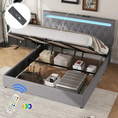 Immagine prodotto di Letto imbottito Abrihome 180x200cm con USB e luce ambientale a LED, letto a molle idrauliche con contenitore, lino, letto matrimoniale grigio