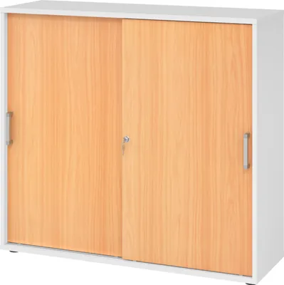 Produktbild von bümö Schiebetürenschrank office - 3 Ordnerhöhen - Griff: Chromgriff (Metall), Nachbildung: Weiß/Buche