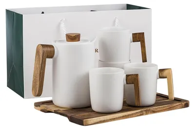 Obrázek produktu pro Čajová konvice 1100 ml s dřevěnou rukojetí - Čajový set se 4 šálky