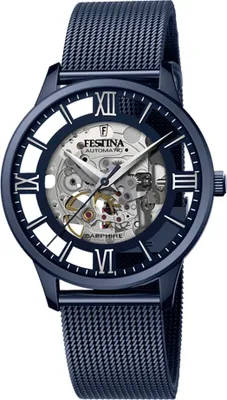 A close-up studio shot of a men's automatic watch with a skeleton dial.