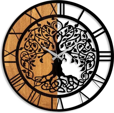 Image de Opviq, Wooden Clock - 64, Horloge murale, noyer, métal, 56 x 56 cm
