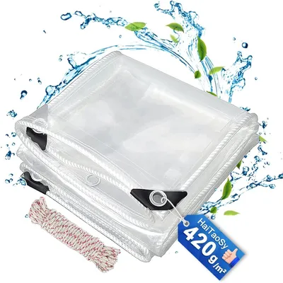 Zdjęcie produktu dla Przewiewna plandeka wodoodporna, przezroczysta, 3x3 metra, 420 g/m², wykonana z PVC, z oczkami