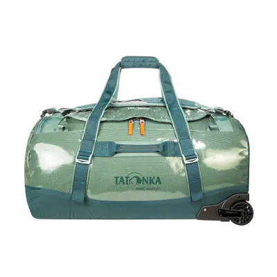 A green duffel bag with wheels on a white background.