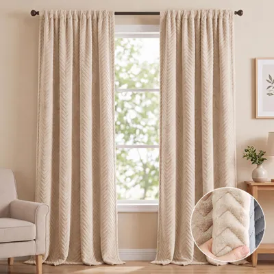 Produktbild von Thermovorhang Dicke Plüsch Kälteschutz Vorhänge Verdunkelungsvorhang Wärmeisolierend Gardinen, 2 Stück, B200xH260cm, Beige