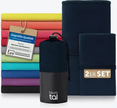 Immagine prodotto di Set di asciugamani in microfibra Blumtal: 180x90cm e 80x40cm, leggero, extra assorbente e ad asciugatura rapida, compatto, da viaggio, da spiaggia e da palestra, blu scuro