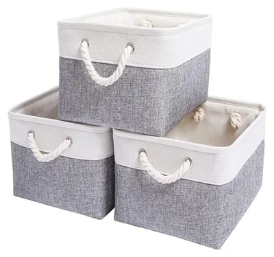 Image de Lot de 3 boîtes de rangement - Paniers de rangement en tissu - Avec poignées - Pour placard, salle de bain - 38 x 28 x 24 cm - Panier de rangement
