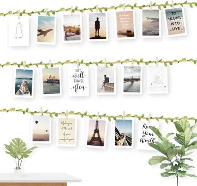 Produktbild von DIY-Bilderrahmen-Wanddekoration mit Fotoaufhängungsseil im Boho-Stil, inklusive Quaste, 300 cm langem Juteseil mit 30 Holzclips und 2 spurlosen Nägeln sowie grünem Blatt