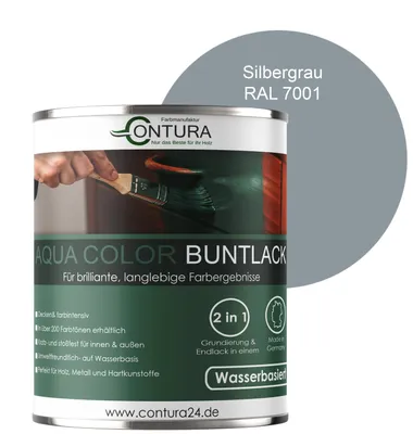 Produktbild von Contura 750ml. Buntlack Lackfarbe Lack Außen Innen Holz Metall Farbe Holzlack Möbellack - Seidenmatt - RAL 7001 Silbergrau