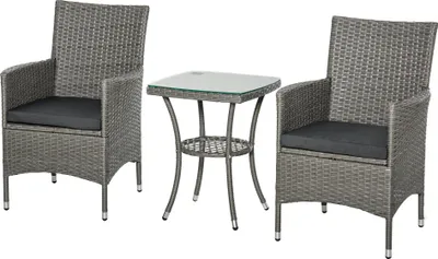 Produktbild von Polyrattan Gartenmöbel Set, Outdoor Lounge Balkonmöbel für 2 Personen, 3-teilig Sitzgruppe, 2 Stühle, Tisch Sitzkissen, Gartenlounge für Garten, Terrasse, Balkon, Grau