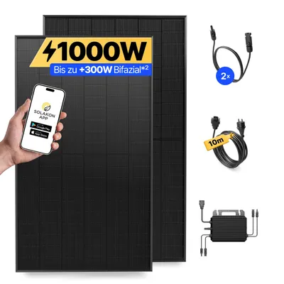 Produktbild von Balkonkraftwerk 1000W Solaranlage Steckerfertig Komplettset Photovoltaik Anlage 800W, Kabellänge: 10m, Solakon - onBasic