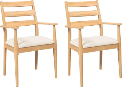 Two wooden chairs with white cushions are shown against a white background.